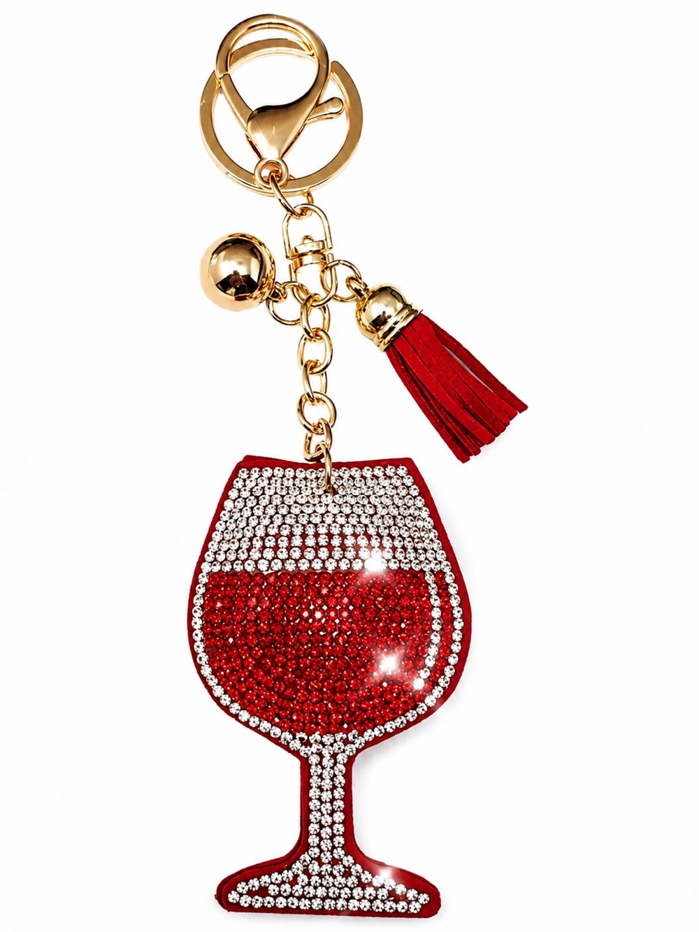 Bling Wine Glass Keychain Purse Charm Red Tassel Puffy Bag Charm